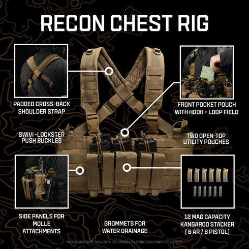 The Condor Recon Chest Rig - Scorpion OCP features padded shoulder straps, a front pouch, open-top mag pouches, side MOLLE panels, drainage grommets, and a kangaroo stacker capable of holding 12 magazines.