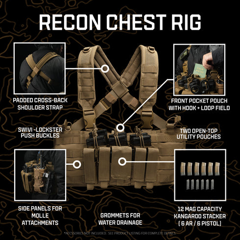 The Condor Recon Chest Rig - Multicam features padded cross-back straps, a front pocket, two open-top utility pouches, side MOLLE panels, drainage grommets, slots for 12 mags; accessories not included.