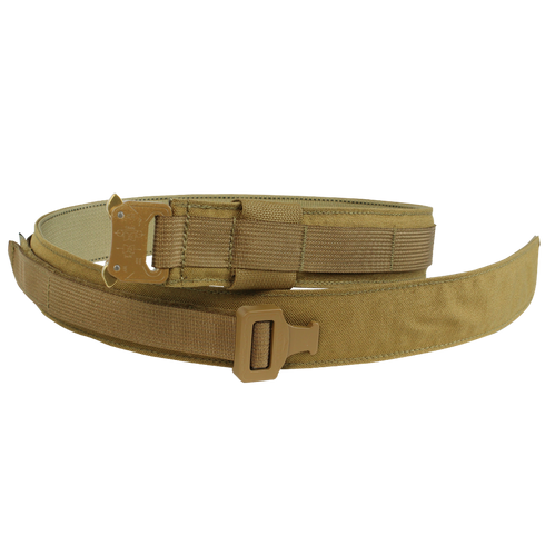 The Condor Cobra Gun Belt in MultiCam features a sturdy buckle and reinforced stitching, perfect for EDC or bushcraft, shown coiled on a white background.