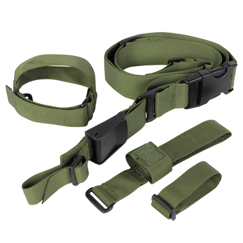 The Condor Tactical 3-Point Sling features green adjustable nylon straps with black plastic buckles and loops, shown on a white background.