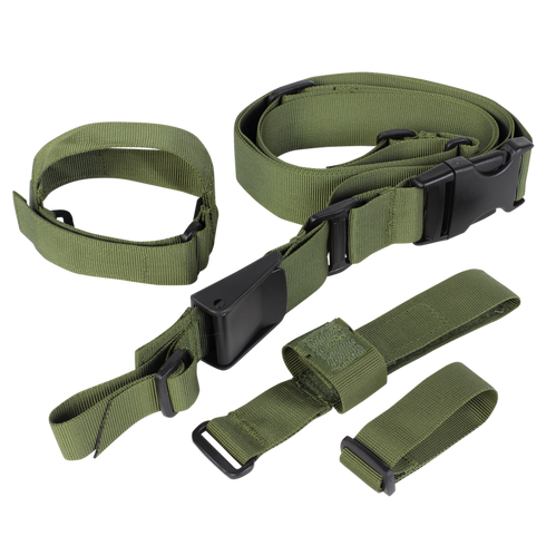 The Condor Tactical 3-Point Sling features green adjustable nylon straps with black plastic buckles and loops, shown on a white background.