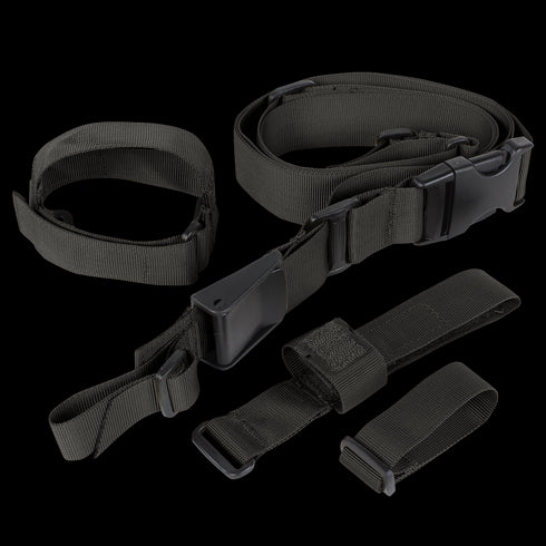 The Condor Tactical 3-Point Sling, featuring black adjustable nylon straps with plastic buckles and loops, is displayed on a plain background.