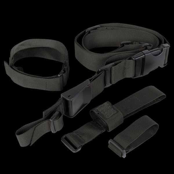 The Condor Tactical 3-Point Sling, featuring black adjustable nylon straps with plastic buckles and loops, is displayed on a plain background.