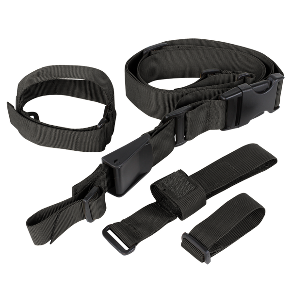 The Condor Tactical 3-Point Sling, featuring black adjustable nylon straps with plastic buckles and loops, is displayed on a plain background.