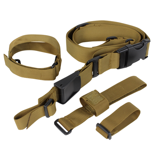 The Condor Tactical 3-Point Sling is a tan nylon strap with black plastic buckles and adjusters, shown arranged on a white background.