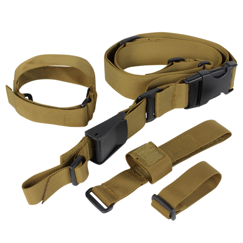 The Condor Tactical 3-Point Sling is a tan nylon strap with black plastic buckles and adjusters, shown arranged on a white background.