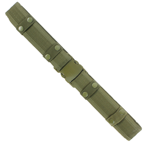 The Condor Tactical Belt - Scorpion OCP features a khaki design with a plastic buckle and metal snap buttons, built for durability and an adjustable fit.