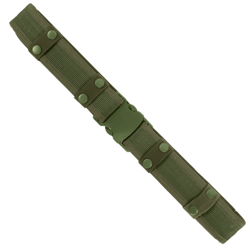 The Condor Tactical Belt in olive green features snap buttons, a plastic buckle, and multiple attachment loops, shown on a plain background.