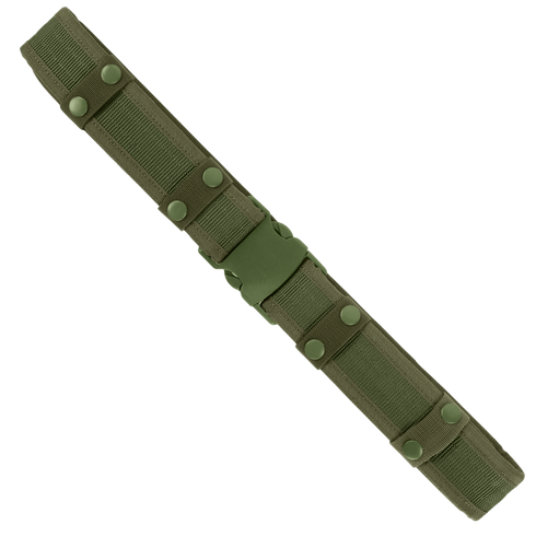 The Condor Tactical Belt in olive green features snap buttons, a plastic buckle, and multiple attachment loops, shown on a plain background.