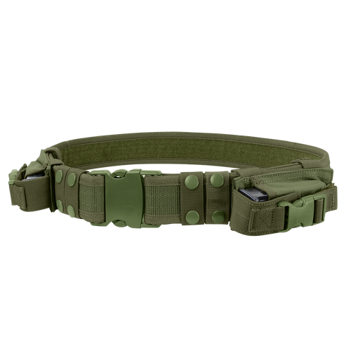 The Condor Tactical Belt in Olive Drab features multiple pouches, snap buttons, and a plastic buckle, making it ideal for carrying gear.