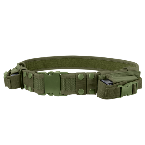 The Condor Tactical Belt in Olive Drab features multiple pouches, snap buttons, and a plastic buckle, making it ideal for carrying gear.