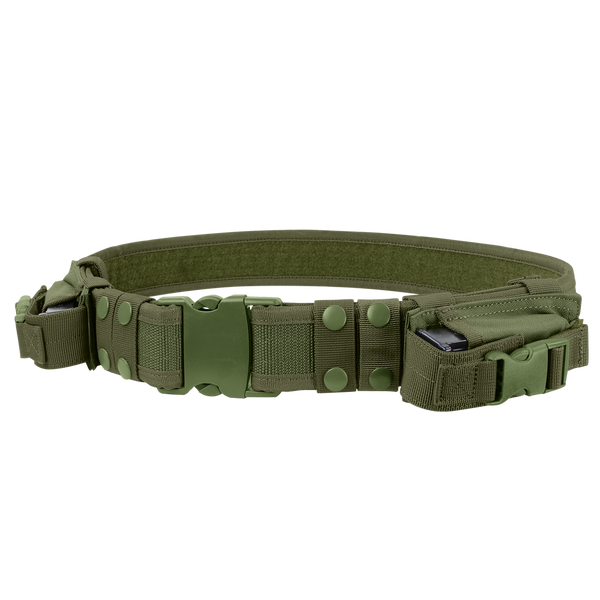 The Condor Tactical Belt in Olive Drab features multiple pouches, snap buttons, and a plastic buckle, making it ideal for carrying gear.