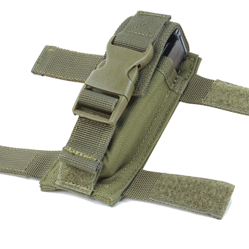 The Condor Tactical Belt - Scorpion OCP features two horizontal Velcro straps and a buckle closure, designed for military or first responder use, and securely holds a black object.