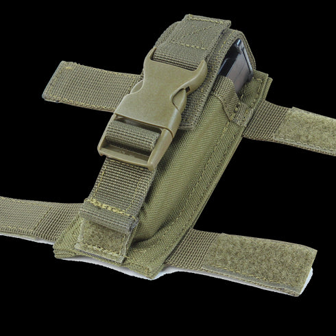 The Condor Tactical Belt - Scorpion OCP features two horizontal Velcro straps and a buckle closure, designed for military or first responder use, and securely holds a black object.