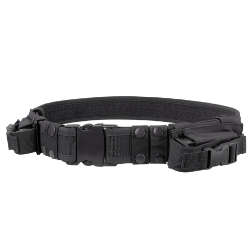 The Condor Tactical Belt features multiple pouches, snap fasteners, an adjustable strap, and a durable plastic buckle.