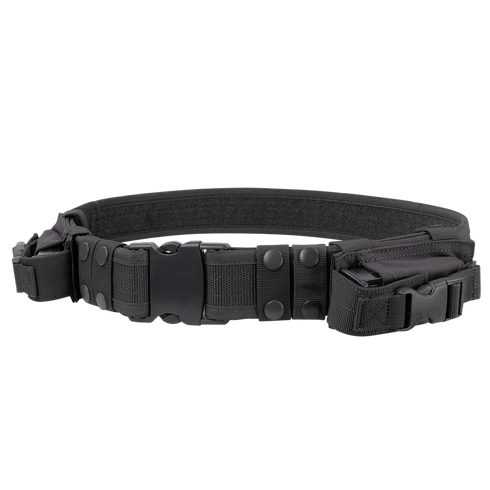 The Condor Tactical Belt features multiple pouches, snap fasteners, an adjustable strap, and a durable plastic buckle.