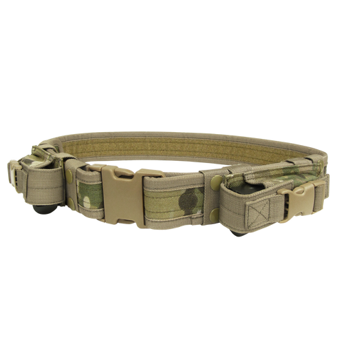 The Condor Tactical Belt - MultiCam features a camouflage design, durable plastic buckle, and attached pouches for carrying gear.