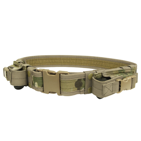 The Condor Tactical Belt - MultiCam features a camouflage design, durable plastic buckle, and attached pouches for carrying gear.