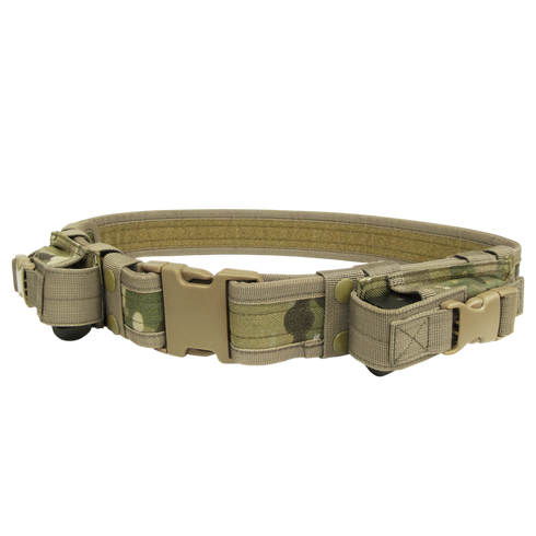 The Condor Tactical Belt - MultiCam features a camouflage design, durable plastic buckle, and attached pouches for carrying gear.