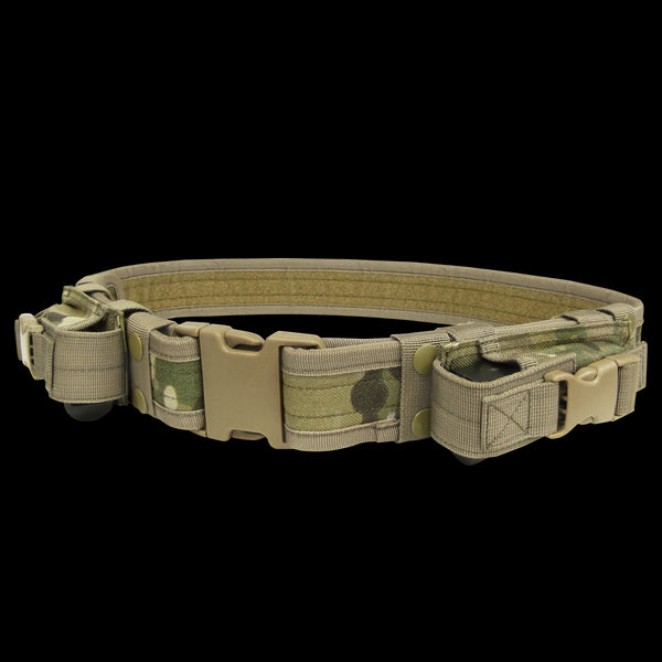 The Condor Tactical Belt - MultiCam features a camouflage design, durable plastic buckle, and attached pouches for carrying gear.