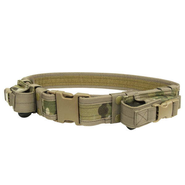 The Condor Tactical Belt - MultiCam features a camouflage design, durable plastic buckle, and attached pouches for carrying gear.