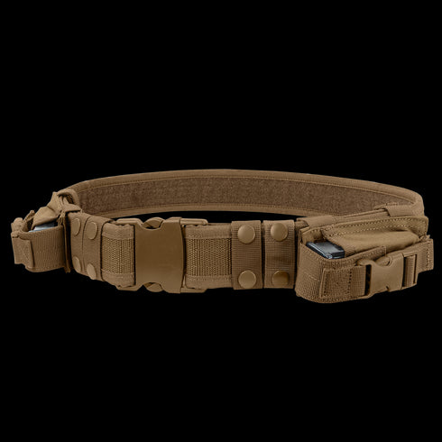 The Condor Tactical Belt is a tan utility belt featuring multiple pouches, snap buttons, and a plastic buckle, ideal for carrying gear.