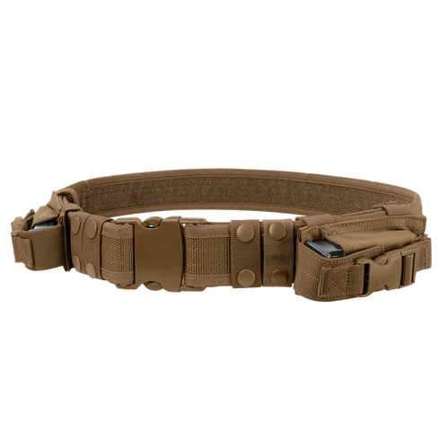 The Condor Tactical Belt is a tan utility belt featuring multiple pouches, snap buttons, and a plastic buckle, ideal for carrying gear.