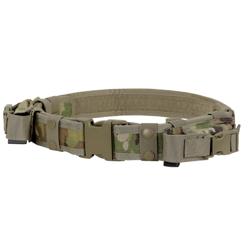 The Condor Tactical Belt - Scorpion OCP features adjustable straps, plastic buckles, and pouch attachments—ideal for military or first responders—shown against a white background.