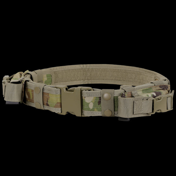 The Condor Tactical Belt - Scorpion OCP features adjustable straps, plastic buckles, and pouch attachmentsāideal for military or first respondersāshown against a white background.