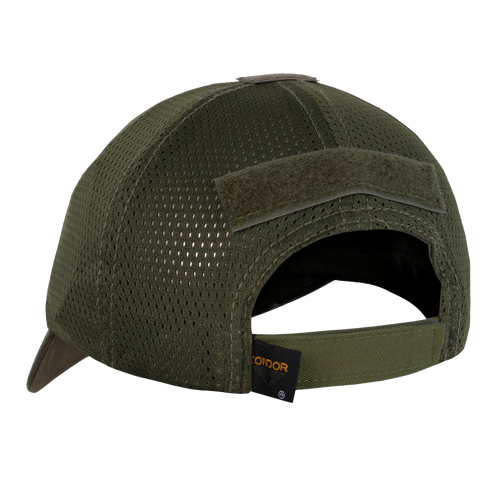 Back view of the Condor Tactical Team Mesh Cap - Scorpion OCP, featuring olive green mesh, a hook-and-loop patch above the adjustable opening, and a small black Condor tag on the strap.