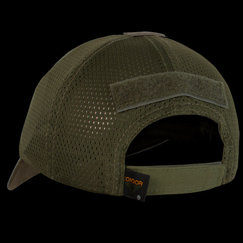 Back view of the Condor Tactical Mesh Cap - MultiCam Black, featuring an adjustable strap, Velcro patch, mesh design, and a small black label near the closure.