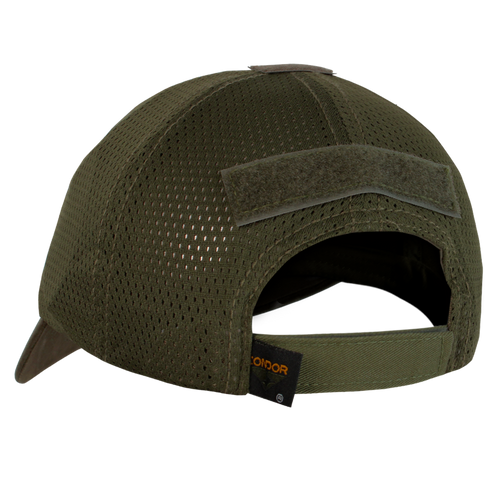 Back view of the Condor Tactical Mesh Cap - MultiCam Black, featuring an adjustable strap, Velcro patch, mesh design, and a small black label near the closure.