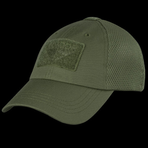 The Condor Tactical Mesh Cap in Olive Drab features a mesh back, front rectangular patch, adjustable strap, and is made from moisture-wicking polyester for all-day comfort.