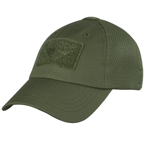 The Condor Tactical Mesh Cap in Olive Drab features a mesh back, front rectangular patch, adjustable strap, and is made from moisture-wicking polyester for all-day comfort.