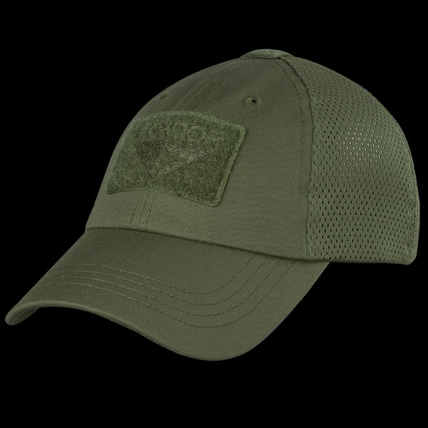 The Condor Tactical Mesh Cap in Olive Drab features a mesh back, front rectangular patch, adjustable strap, and is made from moisture-wicking polyester for all-day comfort.