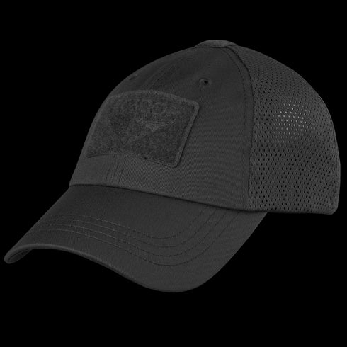 The Condor Tactical Mesh Cap in black is crafted from moisture-wicking polyester and features a curved brim, adjustable strap, and a rectangular Velcro patch on the front.