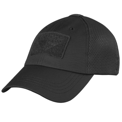 The Condor Tactical Mesh Cap in black is crafted from moisture-wicking polyester and features a curved brim, adjustable strap, and a rectangular Velcro patch on the front.