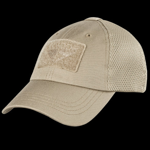 The Condor Tactical Mesh Cap in tan features a front velcro patch, moisture-wicking polyester mesh back, and an adjustable strap for comfort.