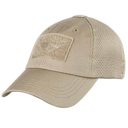 The Condor Tactical Mesh Cap in tan features a front velcro patch, moisture-wicking polyester mesh back, and an adjustable strap for comfort.
