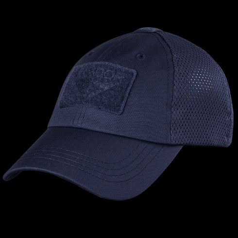 The Condor Tactical Mesh Cap in navy features moisture-wicking polyester, mesh back panels, and a front Velcro patch for comfort and easy customization.
