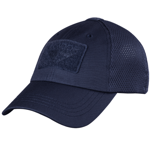 The Condor Tactical Mesh Cap in navy features moisture-wicking polyester, mesh back panels, and a front Velcro patch for comfort and easy customization.