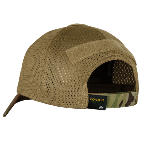The Condor Tactical Mesh Cap in MultiCam features a tan mesh design, a Velcro strap, and camouflage fabric detail at the back, shown from a rear angle.