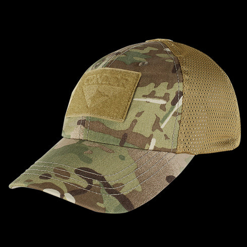 The Condor Tactical Mesh Cap in MultiCam features a mesh back and a Velcro patch on the front.