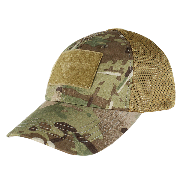 The Condor Tactical Mesh Cap in MultiCam features a mesh back and a Velcro patch on the front.