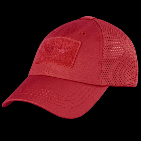 The Condor Tactical Mesh Cap in red features mesh back panels, a blank Velcro front patch, and an adjustable strap. Made from moisture-wicking polyester for cool, comfortable wear.