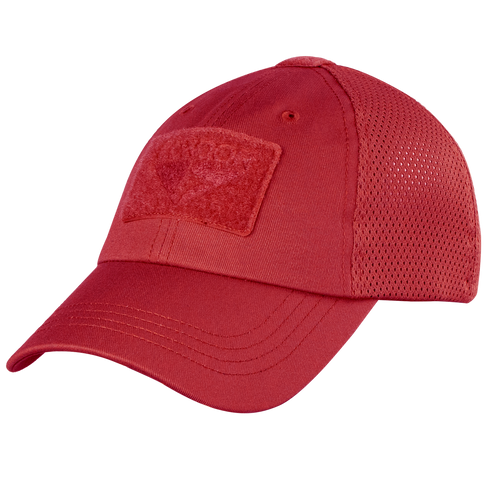 The Condor Tactical Mesh Cap in red features mesh back panels, a blank Velcro front patch, and an adjustable strap. Made from moisture-wicking polyester for cool, comfortable wear.