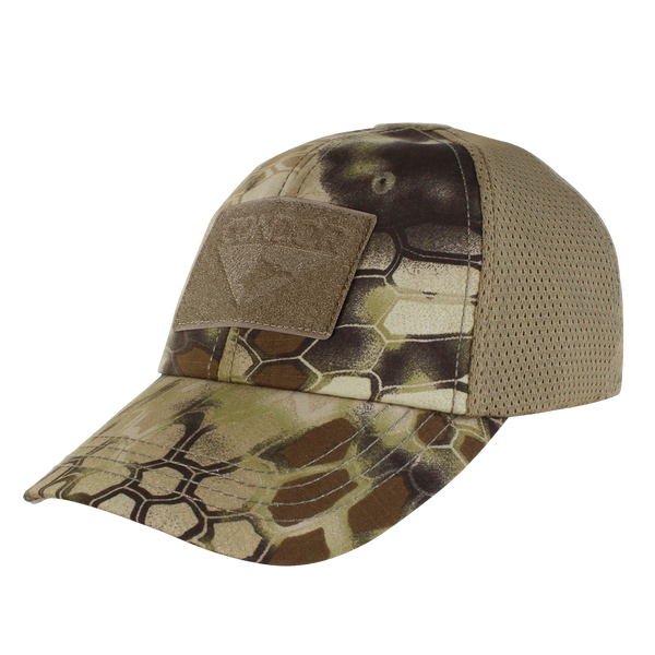 The Condor Tactical Mesh Cap - Kryptek Highlander features a hexagonal camouflage front and breathable mesh back—ideal for military training or time at the shooting range.