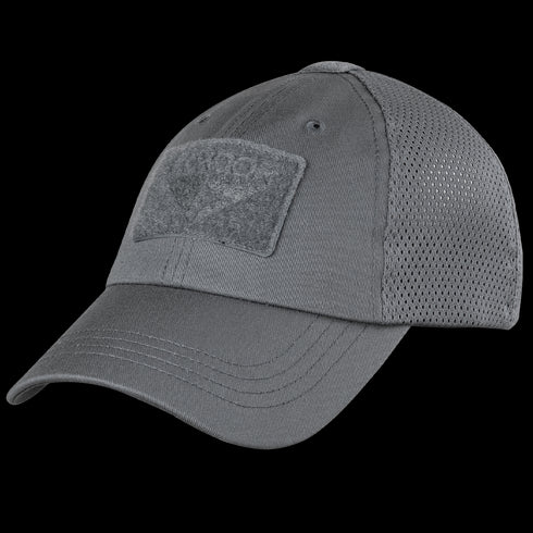 The Condor Tactical Mesh Cap in Graphite features a moisture-wicking polyester mesh back, a rectangular Velcro front patch, and an adjustable strap for comfort.