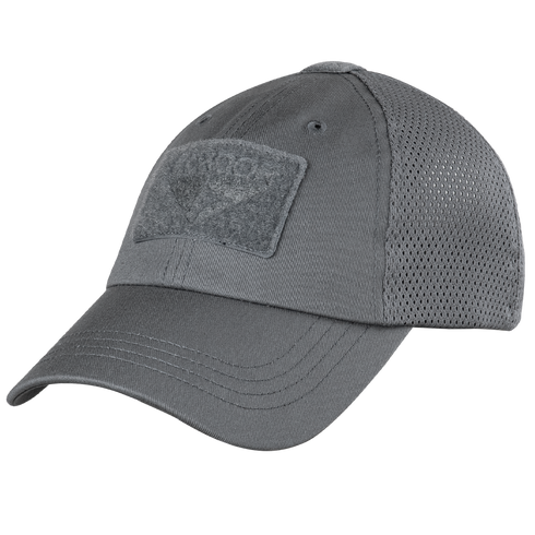 The Condor Tactical Mesh Cap in Graphite features a moisture-wicking polyester mesh back, a rectangular Velcro front patch, and an adjustable strap for comfort.