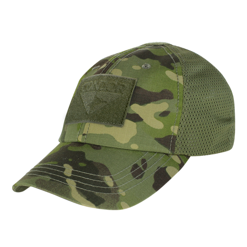 The Condor Tactical Mesh Cap in MultiCam Tropic features moisture-wicking mesh back panels and a front velcro patch, shown from the front.